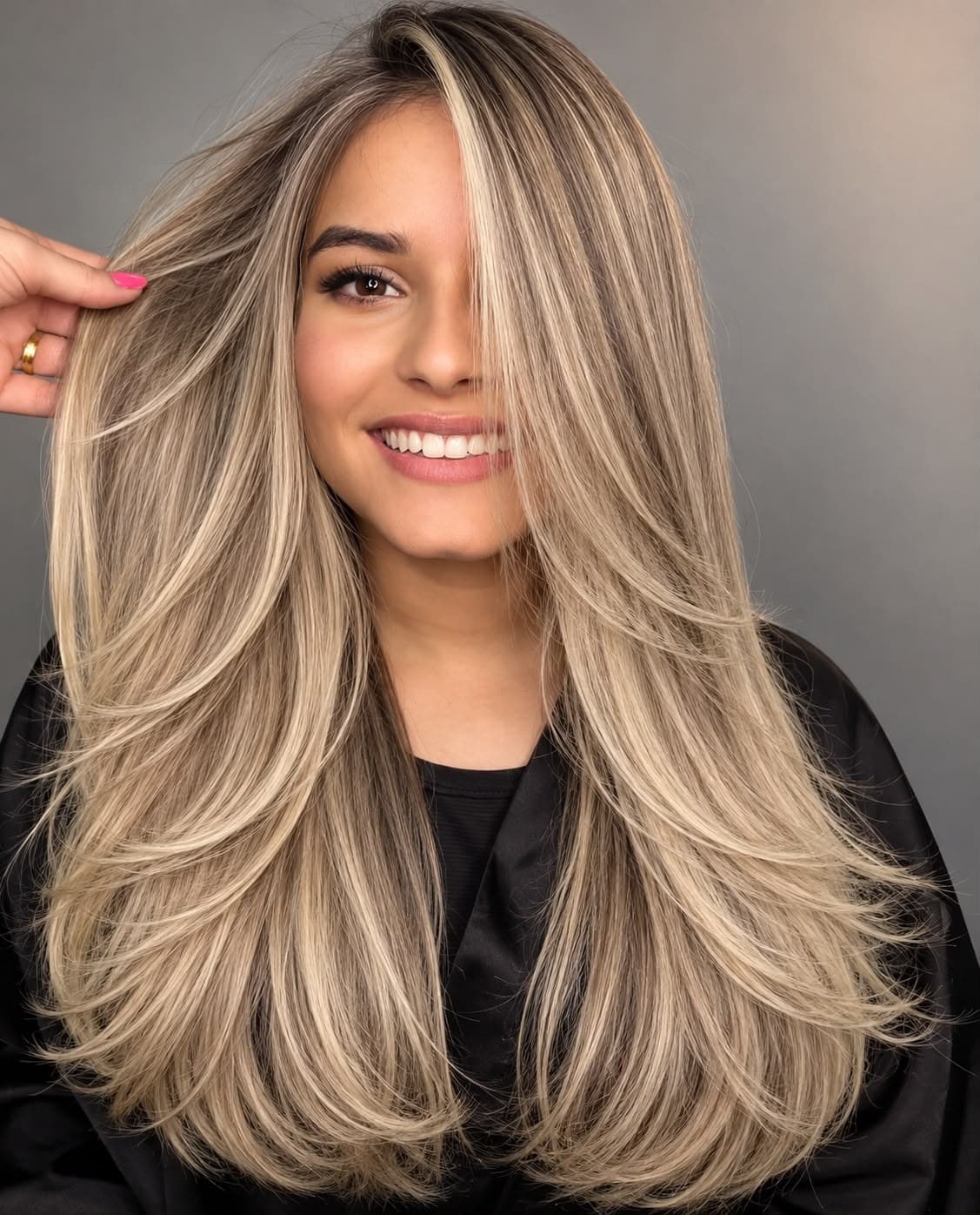 Corte em camadas longas em cabelo loiro iluminado